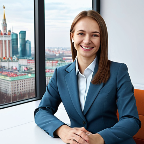 **

A professional businesswoman in a modest, tailored business suit, sitting at a clean desk in a bright, modern Moscow office. She is smiling warmly. Fully clothed, appropriate attire, safe for work, perfect anatomy, natural proportions, professional, family-friendly, well-formed hands, proper finger count, natural body proportions, high quality. The office background includes a view of Moscow city skyline.

**