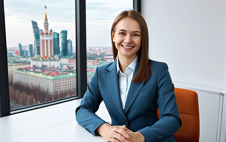 **

A professional businesswoman in a modest, tailored business suit, sitting at a clean desk in a bright, modern Moscow office. She is smiling warmly. Fully clothed, appropriate attire, safe for work, perfect anatomy, natural proportions, professional, family-friendly, well-formed hands, proper finger count, natural body proportions, high quality. The office background includes a view of Moscow city skyline.

**