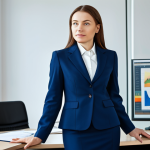 감정전이와 심리적 안정 - **

A professional businesswoman in a modest dark blue business suit, confidently presenting a finan...