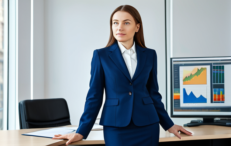 감정전이와 심리적 안정 - **

A professional businesswoman in a modest dark blue business suit, confidently presenting a finan...