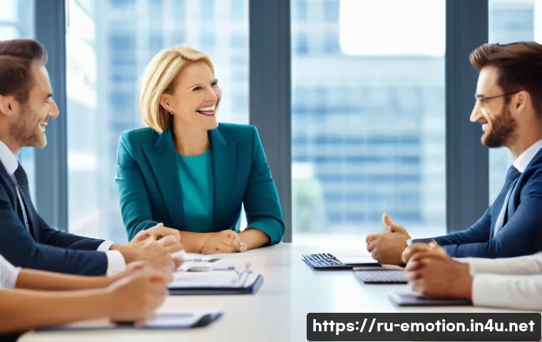 감정전이 심리학적 모델 - A warm, modern office environment showing a diverse group of professionals collaborating around a co...