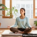 Home 20 감정전이 치료 방법 - A serene indoor meditation scene featuring a young adult woman practicing mindfulness in a cozy, sof...