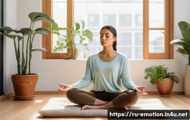 감정전이 치료 방법 - A serene indoor meditation scene featuring a young adult woman practicing mindfulness in a cozy, sof...