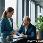 Home 18 감정전이 일상생활 - A cozy modern office scene in Moscow, showing a diverse group of Russian professionals interacting: ...