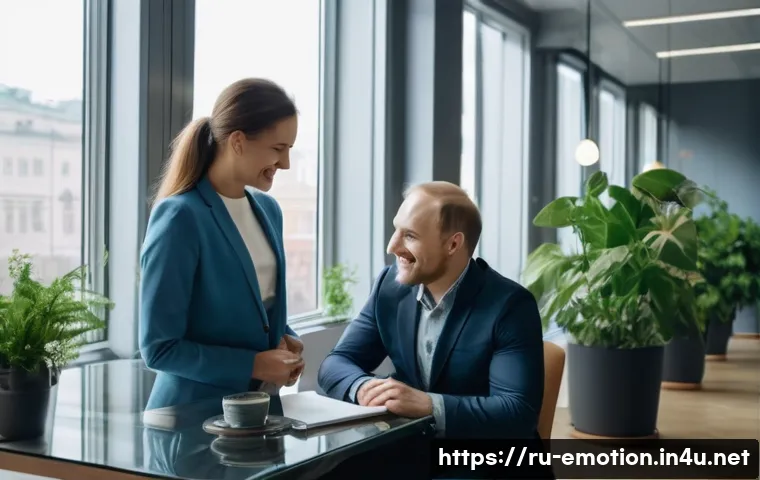 감정전이 일상생활 - A cozy modern office scene in Moscow, showing a diverse group of Russian professionals interacting: ...