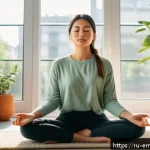Home 17 감정전이와 우울증 - A serene and cozy indoor scene depicting a young adult woman practicing mindfulness meditation in a ...