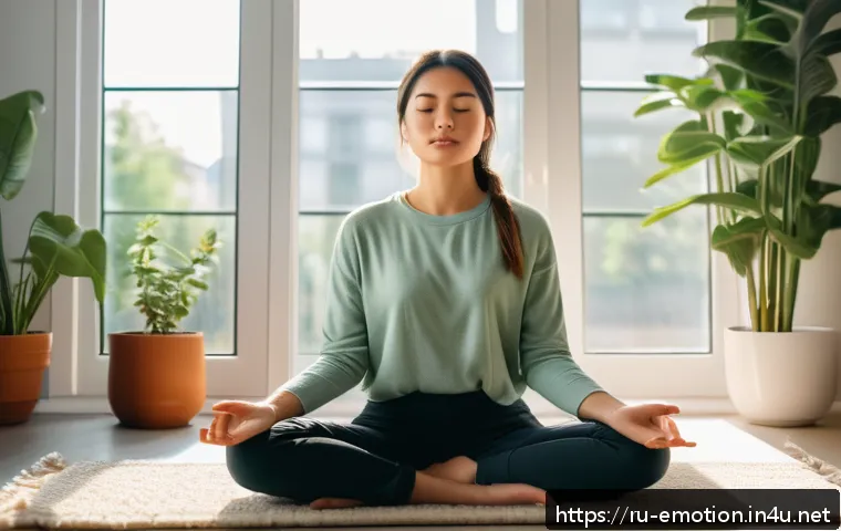 감정전이와 우울증 - A serene and cozy indoor scene depicting a young adult woman practicing mindfulness meditation in a ...