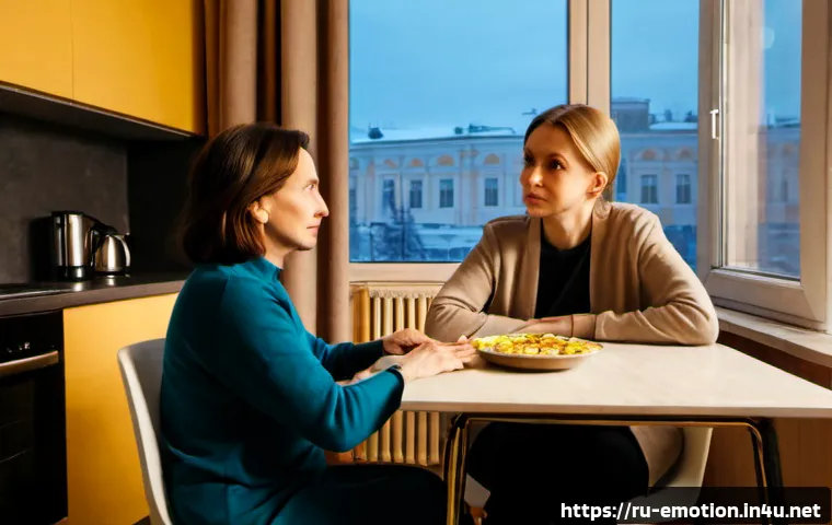 Home 16 감정전이 심리학 - Photorealistic scene of emotional contagion psychology in a cozy Moscow apartment kitchen, a worried...