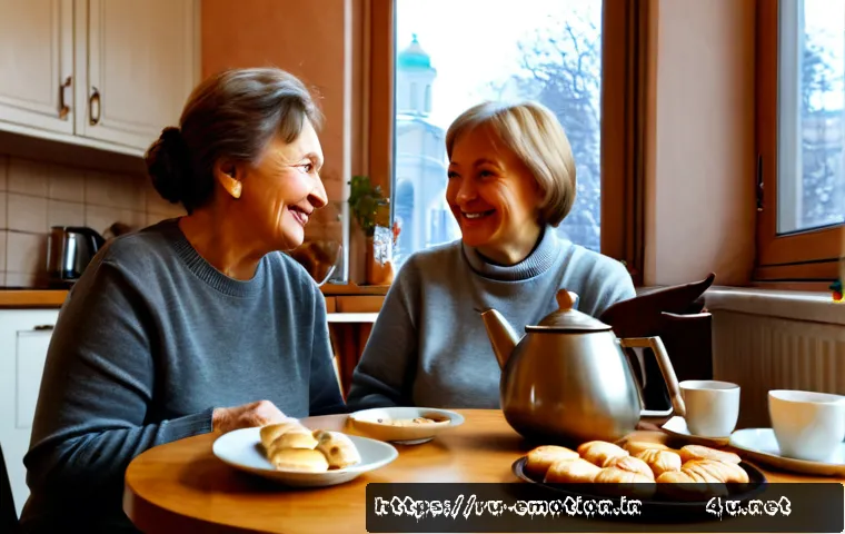 감정전이와 행복 추구 - Photorealistic winter morning in a cozy Moscow apartment kitchen, a cheerful grandmother warmly smil...